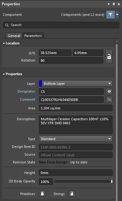 Fig. 42 - Properties panel for the component